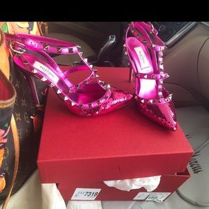 Valentino Rockstud pink sequin heels sz 35.5